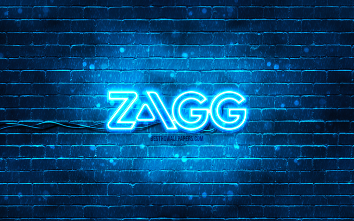 blaues zagg-logo, 4k, blaue ziegelwand, zagg-logo, marken, zagg-neon-logo, zagg