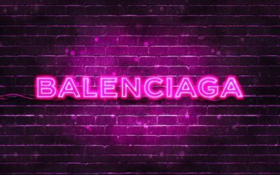 Balenciaga purple logo, 4k, purple brickwall, Balenciaga logo, brands, Balenciaga neon logo, Balenciaga