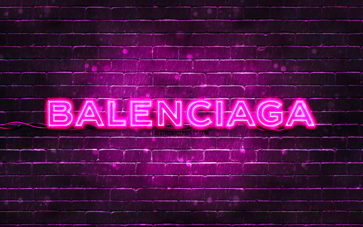 バレンシアガ紫のロゴ, 4k, 紫のレンガの壁, バレンシアガのロゴ, お, バレンシアガネオンロゴ, Balenciaga