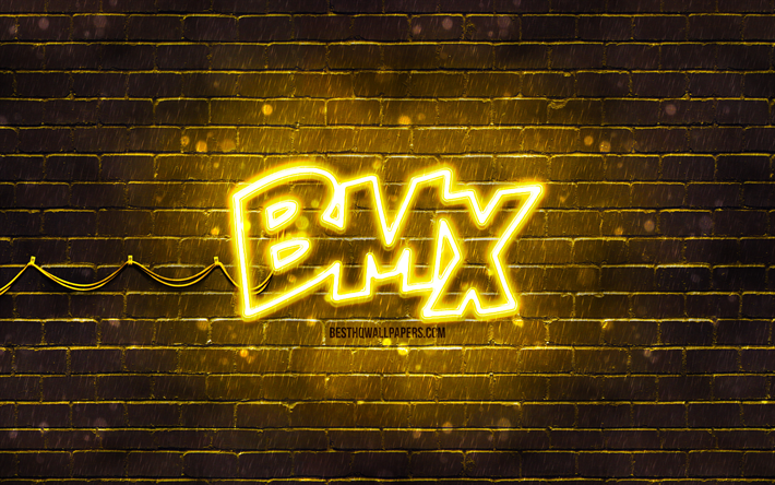 BMX keltainen logo, 4k, keltainen tiilisein&#228;, BMX-logo, tuotemerkit, BMX neonlogo, BMX