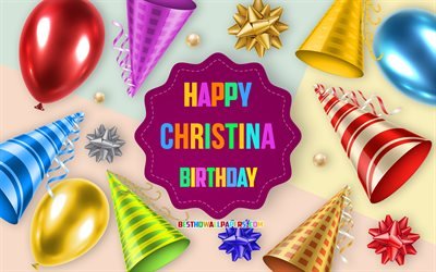 Happy Birthday Christina, 4k, Birthday Balloon Background, Christina, creative art, Happy Christina birthday, silk bows, Christina Birthday, Birthday Party Background