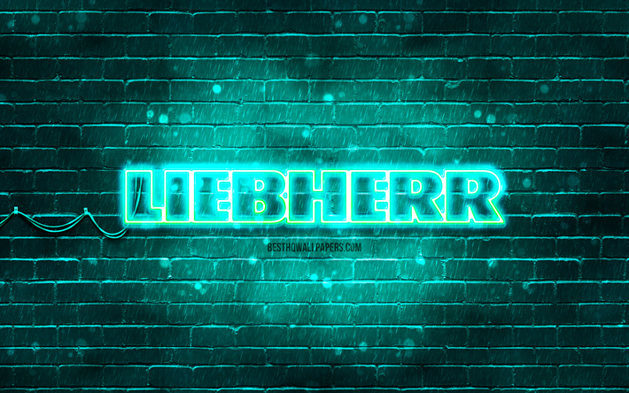 Logo turquoise Liebherr, 4k, mur de briques turquoise, logo Liebherr, marques, logo n&#233;on Liebherr, Liebherr