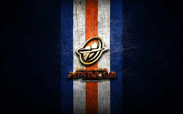 Orlando Apollos, gyllene logotyp, AAF, bl&#229; metallbakgrund, amerikansk fotbollslag, Orlando Apollos logotyp, amerikansk fotboll