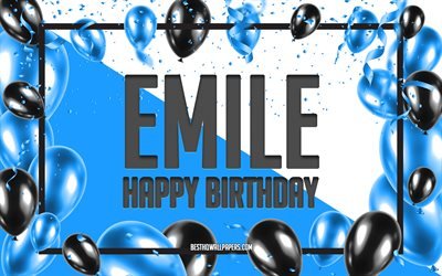Joyeux anniversaire Emile, fond de ballons d'anniversaire, Emile, fonds d'écran avec des noms, Emile joyeux anniversaire, fond d'anniversaire de ballons bleus, anniversaire Emile