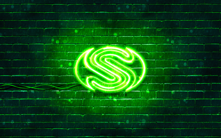 Logo vert saphir, 4k, mur de brique vert, logo saphir, marques, logo n&#233;on saphir, saphir