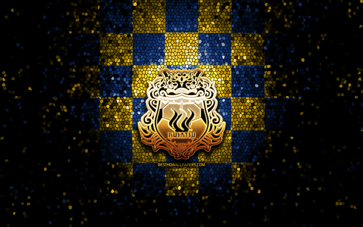 ThespaKusatsu Gunma FC, logo scintillant, Ligue J2, fond &#224; carreaux bleu jaune, football, club de football japonais, logo ThespaKusatsu Gunma, art de la mosa&#239;que, ThespaKusatsu Gunma