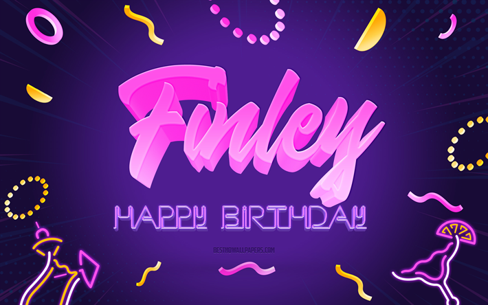 お誕生日おめでとうフィンリー, 4k, 紫のパーティーの背景, フィンリー, クリエイティブアート, フィンリーの誕生日おめでとう, フィンリーの名前, フィンリーの誕生日, 誕生日パーティーの背景