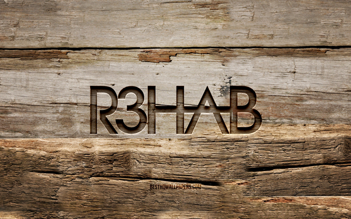 R3hab emblema de madeira, 4K, Fadil El Ghoul, fundos de madeira, DJs holandeses, R3hab emblema, criativo, R3hab logotipo, escultura em madeira, R3hab