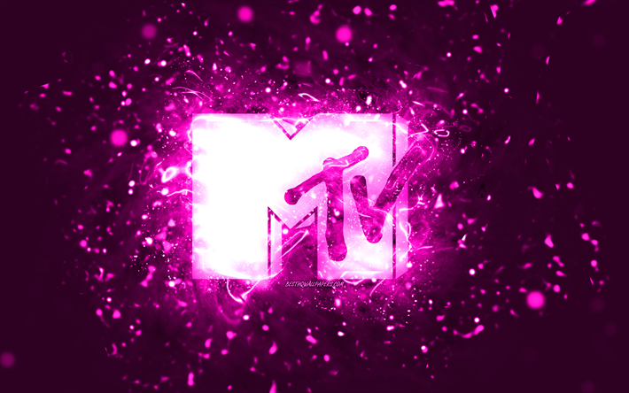 MTV purple logo, 4k, purple neon lights, creative, purple abstract background, Music Television, MTV logo, brands, MTV