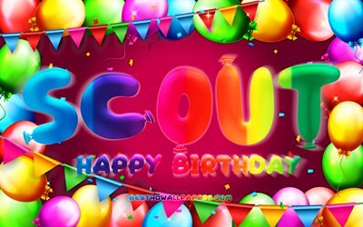 Happy Birthday Scout, 4k, colorful balloon frame, Scout name, purple background, Scout Happy Birthday, Scout Birthday, popular american female names, Birthday concept, Scout
