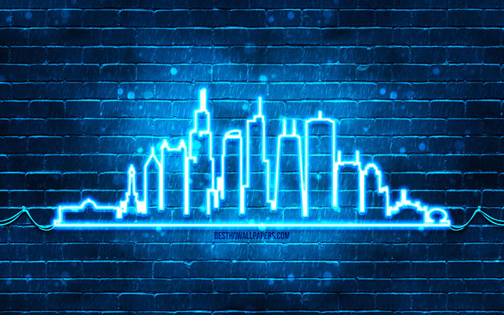 شيكاغو الأزرق صورة ظلية النيون, 4 ك, أضواء النيون الزرقاء, أفق شيكاغو، silhouette, المدن الأمريكية, صورة ظلية أفق النيون, الولايات المتحدة الأمريكية, صورة ظلية شيكاغو, شيكاغو