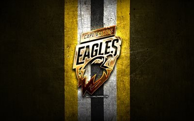 Cape Breton Eagles, golden logo, QMJHL, yellow metal background, canadian hockey team, Cape Breton Eagles logo, hockey