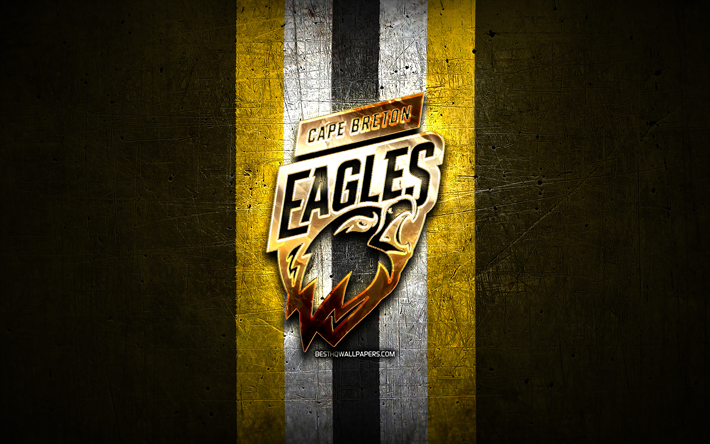 Cape Breton Eagles, kultainen logo, QMJHL, keltainen metalli tausta, Kanadan j&#228;&#228;kiekkojoukkue, Cape Breton Eagles -logo, j&#228;&#228;kiekko