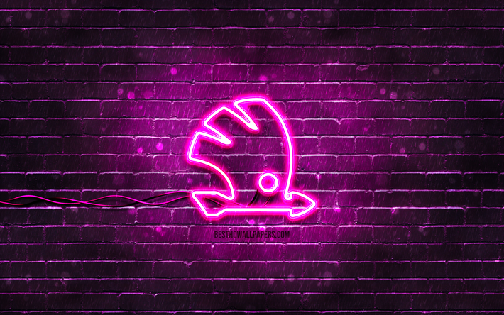 シュコダパープルロゴ, 4k, 紫のレンガの壁, シュコダのロゴ, 車のブランド, シュコダネオンロゴ, シュコダ
