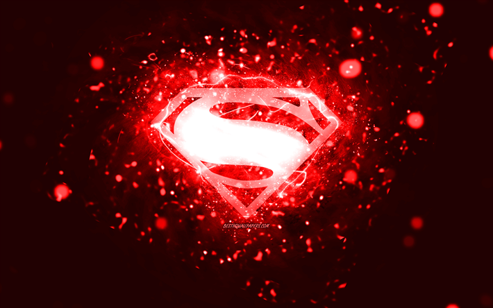 Superman logo rosso, 4k, luci al neon rosse, creativo, sfondo astratto rosso, logo Superman, supereroi, Superman