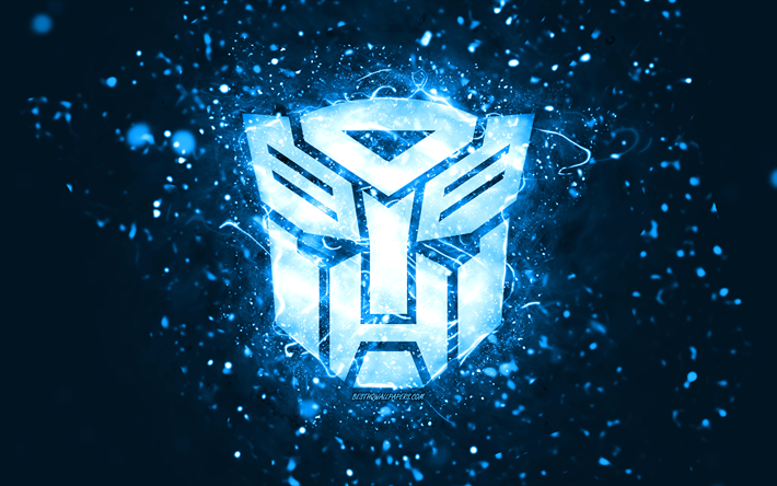 Transformers bl&#229; logotyp, 4k, bl&#229; neonljus, kreativ, bl&#229; abstrakt bakgrund, Transformers logotyp, biologotyper, Transformers