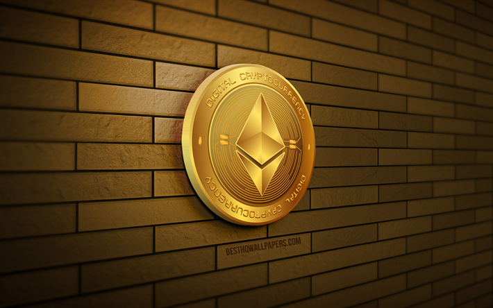 Logo dorato di Ethereum, 4K, muro di mattoni giallo, creativo, criptovaluta, logo 3D di Ethereum, logo di Ethereum, arte 3D, Ethereum