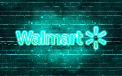 Walmart turquoise logo, 4k, turquoise brickwall, Walmart logo, brands, Walmart neon logo, Walmart
