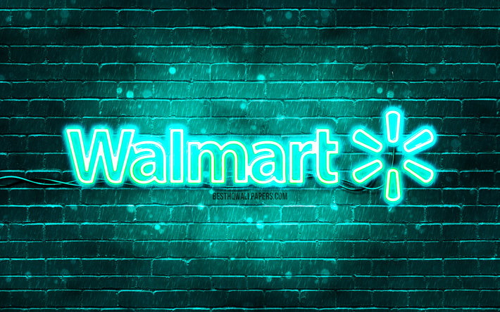 Logo turchese Walmart, 4k, muro di mattoni turchese, logo Walmart, marchi, logo neon Walmart, Walmart