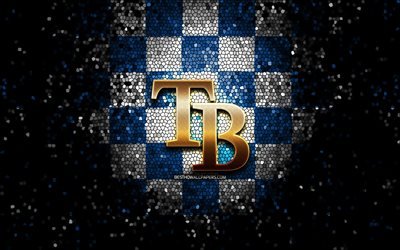 Embl&#232;me des Rays de Tampa Bay, logo scintillant, MLB, fond bleu &#224; carreaux blancs, &#233;quipe de baseball am&#233;ricaine, Ligue majeure de baseball, art de la mosa&#239;que, baseball, Rays de Tampa Bay