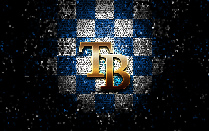 Emblema de los Tampa Bay Rays, logotipo brillante, MLB, fondo a cuadros azul blanco, equipo de b&#233;isbol estadounidense, Major League Baseball, arte de mosaico, b&#233;isbol, Tampa Bay Rays