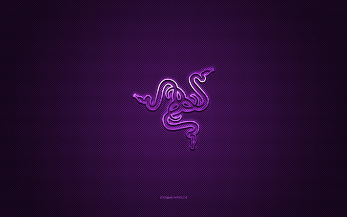 Razerのロゴ, 金属のエンブレム, パープルカーボンテクスチャー, Razer, お, 紫の背景, Razerエンブレム