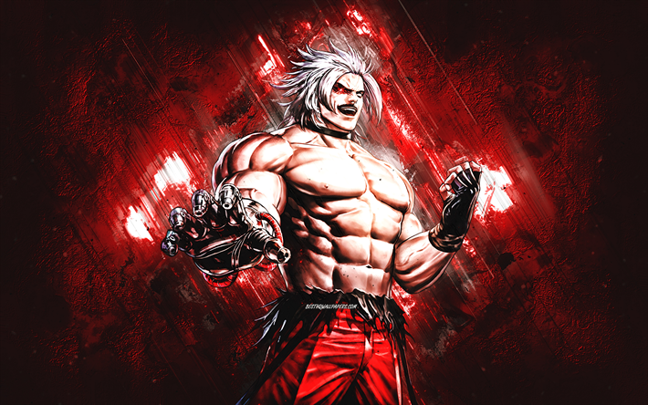 omega rugal, snk, the king of fighters, roter steinhintergrund, grunge-kunst, snk-charaktere, the king of fighters-charaktere