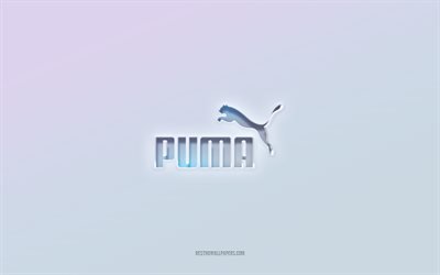 Puma logotyp, utskuren 3d text, vit bakgrund, Puma 3d logotyp, Puma emblem, Puma, pr&#228;glad logotyp, Puma 3d emblem