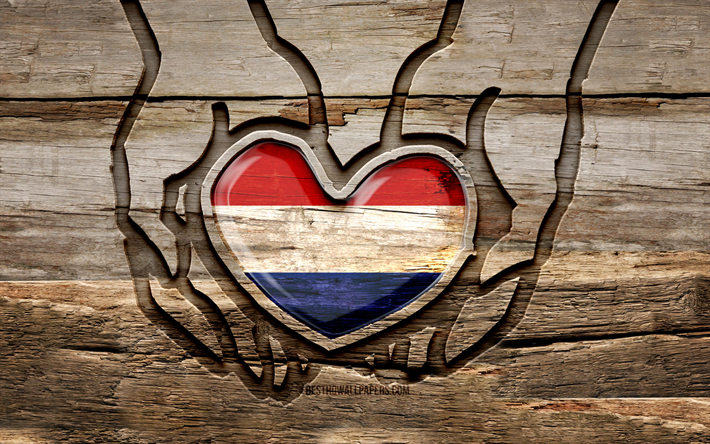 I love Netherlands, 4K, wooden carving hands, Day of Netherlands, Flag of Netherlands, creative, Netherlands flag, Dutch flag, Netherlands flag in hand, Take care Netherlands, wood carving, Europe, Netherlands