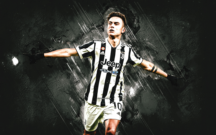 Paulo Dybala, Juventus FC, portrait, football star, Serie A, white stone background, football, Dybala Juventus