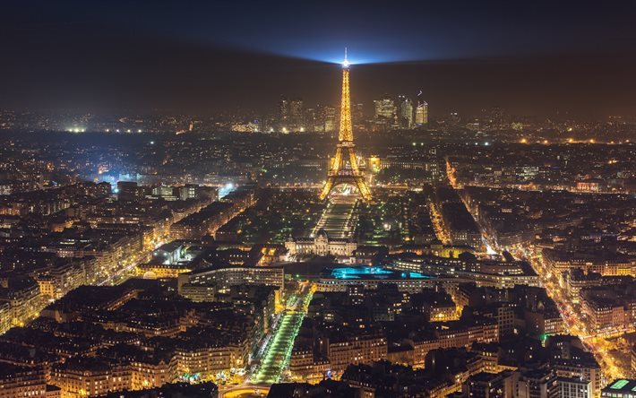 Natt, Eiffeltornet, Paris, Frankrike, stadens ljus