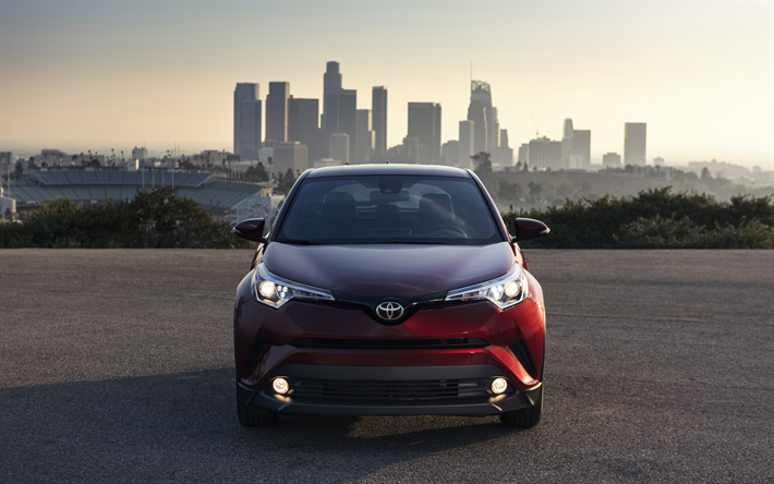 4k, Toyota C-HR, 2018, front view, exterior, new red C-HR, Japanese cars, Toyota, sunset, cityscape
