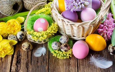 4k, Paskalya yumurtaları, sepet, Mutlu Paskalya, Paskalya dekorasyon, Paskalya