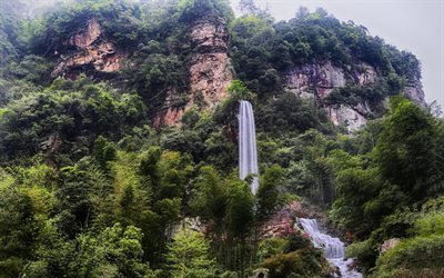 mountain waterfall, rock, mountain landscape, trees, China, forest