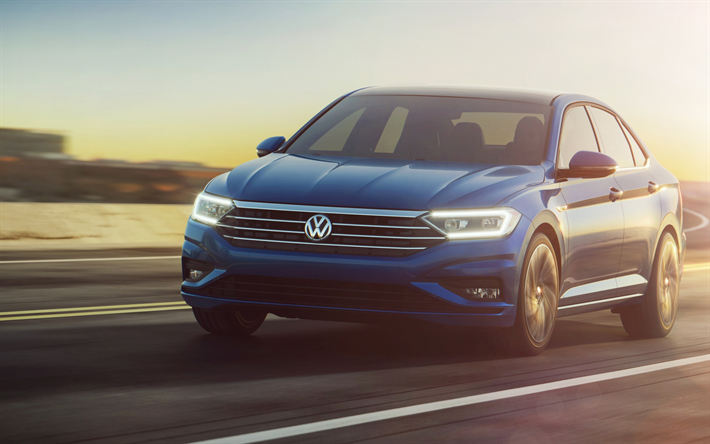 2019, Volkswagen Jetta, 4k, blu berlina, vista frontale, auto tedesche, blu nuova Jetta, Volkswagen