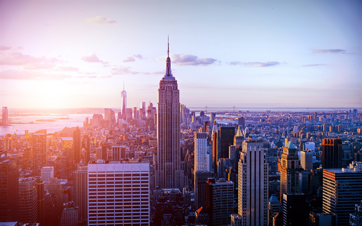 New York, Empire State Building, morgon, skyskrapor, stadsbilden, soluppg&#229;ng, World Trade Center 1, USA