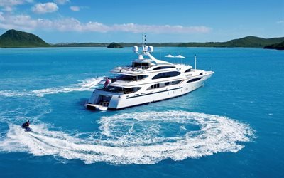 luxury white yacht, Caribbean Sea, bay, summer, seascape
