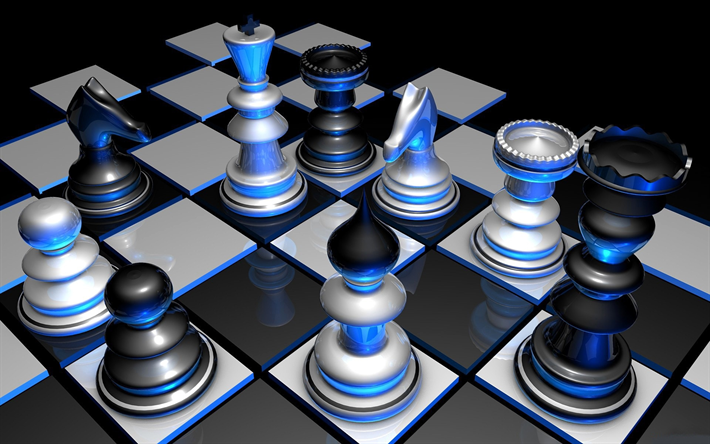 Xadrez 3d, luz de n&#233;on, Tabuleiro de xadrez 3d, a luz azul, Formas 3d