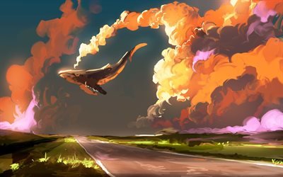 الحوت الطائر, الغيوم, غروب الشمس, الطريق, الرسم, الإبداعية, الحيتان