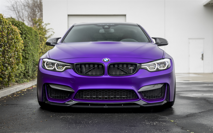 BMW M4, 4k, vue de face, 2018 cars, Vorsteiner, tuning, Vorsteiner BMW M4 F82, purple m4, BMW