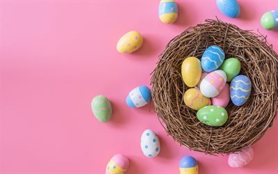 nest, easter eggs, pink background, easter, spring, easter decoration