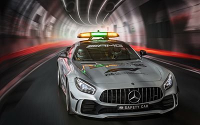 A Mercedes-AMG GT R F1 Safety Car, 4k, t&#250;nel, F&#243;rmula 1, 2018 carros, vista frontal, F1 Safety Cars, F1, A Mercedes-AMG GT R, Mercedes