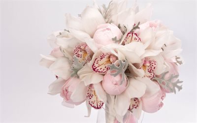 h&#228;&#228;t kukkakimppu, vaaleanpunainen orkideat, pionit, morsiuskimppu, orkidea, kauniita kukkia