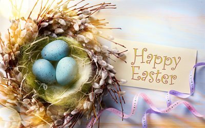 Easter, 4k, willow, Happy Easter, easter decoration, Easter eggs