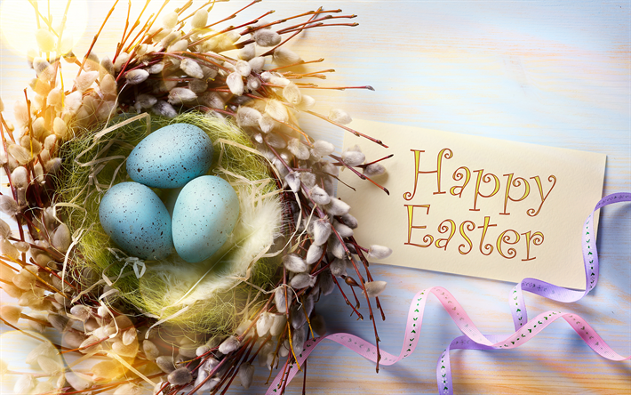 Easter, 4k, willow, Happy Easter, easter decoration, Easter eggs