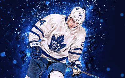 4k, Auston Matthews, uniforme branco, Toronto Maple Leafs, jogadores de h&#243;quei, NHL, estrelas do h&#243;quei no gelo, auston_matthews, h&#243;quei, luzes de neon, EUA