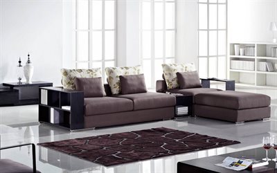 stylish interior of the living room, white walls, modern interior design, brown sofa, stylish interior