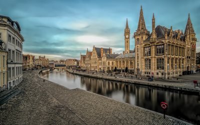 Graslei, Gand, citt&#224; Belga, sera, tramonto, bella architettura, Belgio
