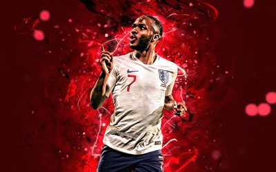 Raheem Sterling, 2019, England National Team, soccer, goal, Raheem Shaquille Sterling, footballers, neon lights, English football team