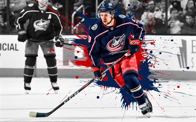 Artemi Panarin, Columbus Blue Jackets, Russian hockey player, attacker, blue-red paint splashes, NHL, USA, hockey, art, National Hockey League
